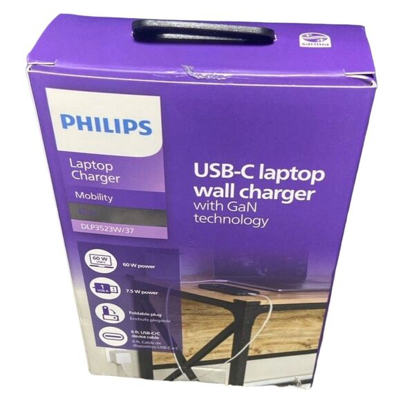 Philips 60W GaN USB-C Laptop Charger Fast Charging Compact Foldable Adapter - Picture 2 of 6